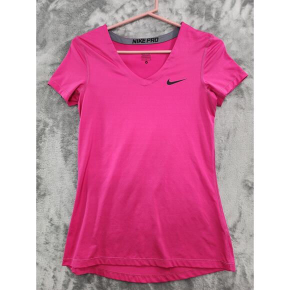Nike Pro Short Sleeve V-Neck T-Shirt Size M Vivid Pink Black Logo Swoosh Workout - Picture 1 of 11